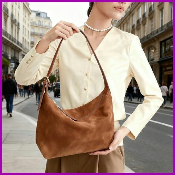 Faux Suede Hobo Bag Medium Size Slouchy Shoulder Purse Vintage Style - Picture 3 of 6